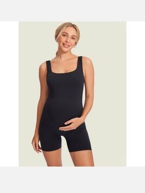 Momanda Maternity Shapewear Romper Black Square Neck Mid-Thigh Bodysuit Large